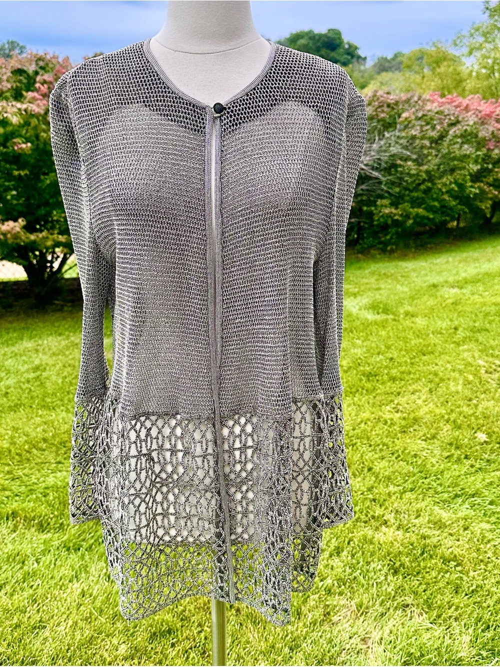 Vintage 90s Metallic Black & Gold Open-Knit Mesh Duster Plus Size Cardigan - 1X